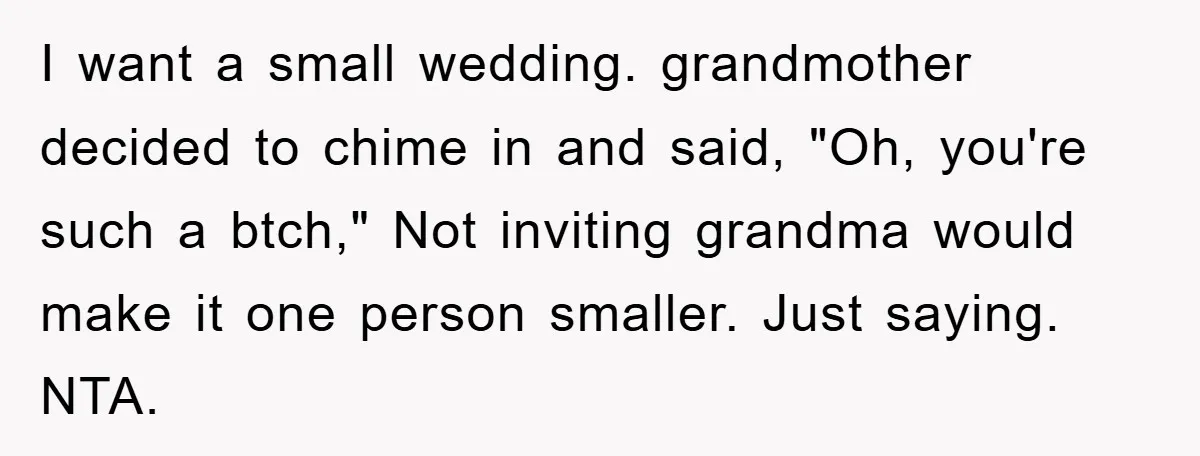 I want a small wedding. grandmother decided to chime in and said, "Oh, you're such a btch," Not inviting grandma would make it one person smaller. Just saying. NTA.