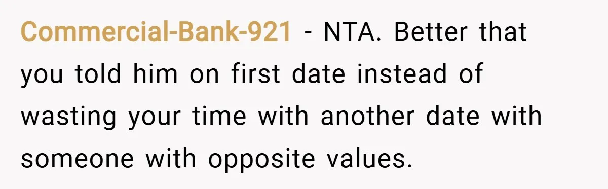 Commercial-Bank-921 − NTA. Better that you told him on first date instead of wasting your time with another date with someone with opposite values.