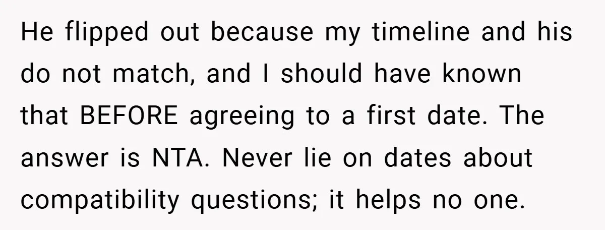 He flipped out because my timeline and his do not match, and I should have known that BEFORE agreeing to a first date. The answer is NTA. Never lie on...