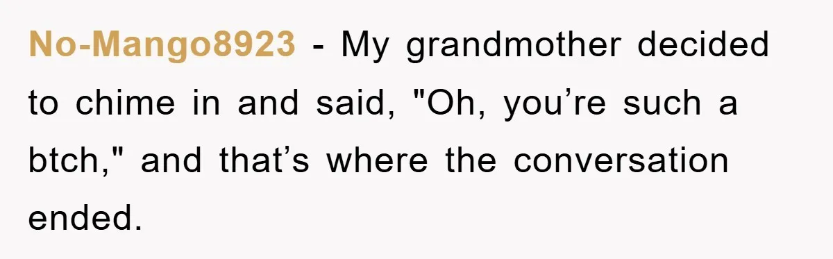 No-Mango8923 − My grandmother decided to chime in and said, "Oh, you’re such a btch," and that’s where the conversation ended.