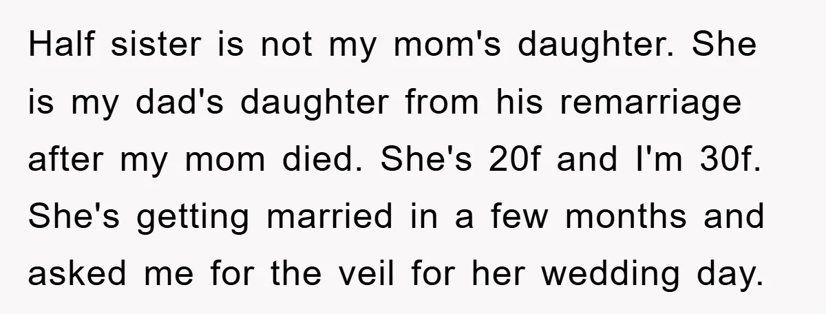 Half sister is not my mom's daughter. She is my dad's daughter from his remarriage after my mom died. She's 20f and I'm 30f. She's getting married in a few...