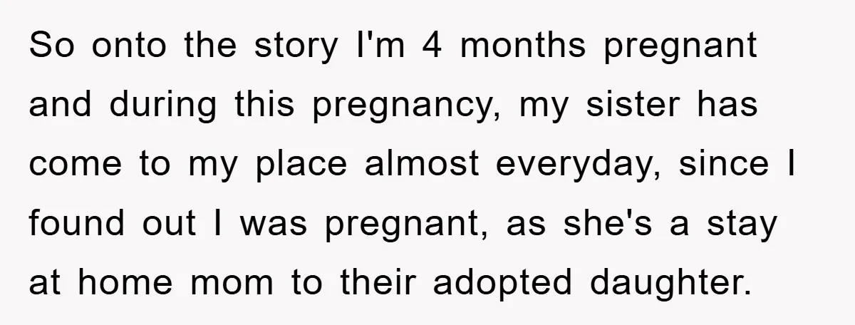 So onto the story I'm 4 months pregnant and during this pregnancy, my sister has come to my place almost everyday, since I found out I was pregnant, as she's...