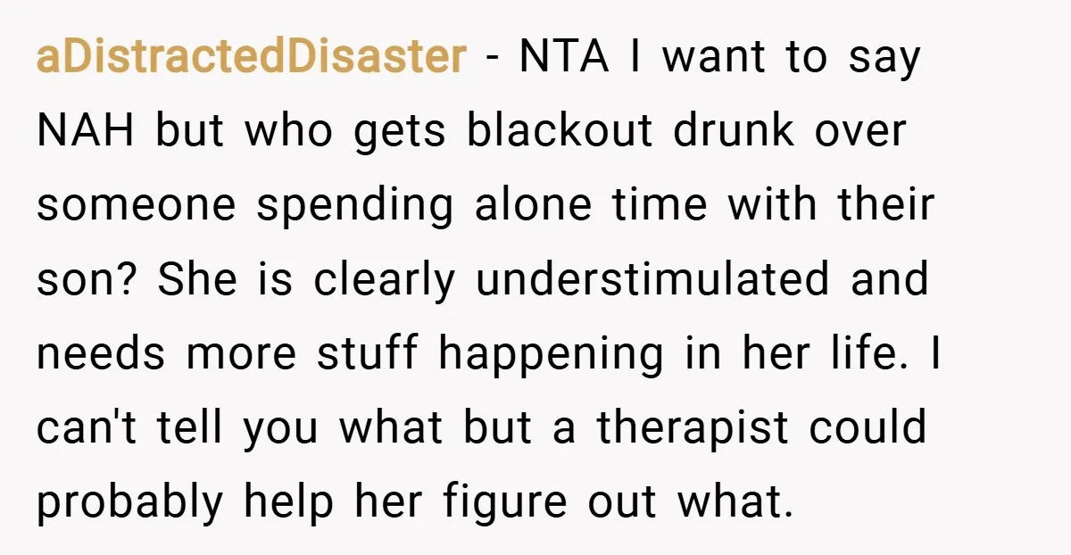 aDistractedDisaster − NTA I want to say NAH but who gets blackout drunk over someone spending alone time with their son? She is clearly understimulated and needs more stuff happening...