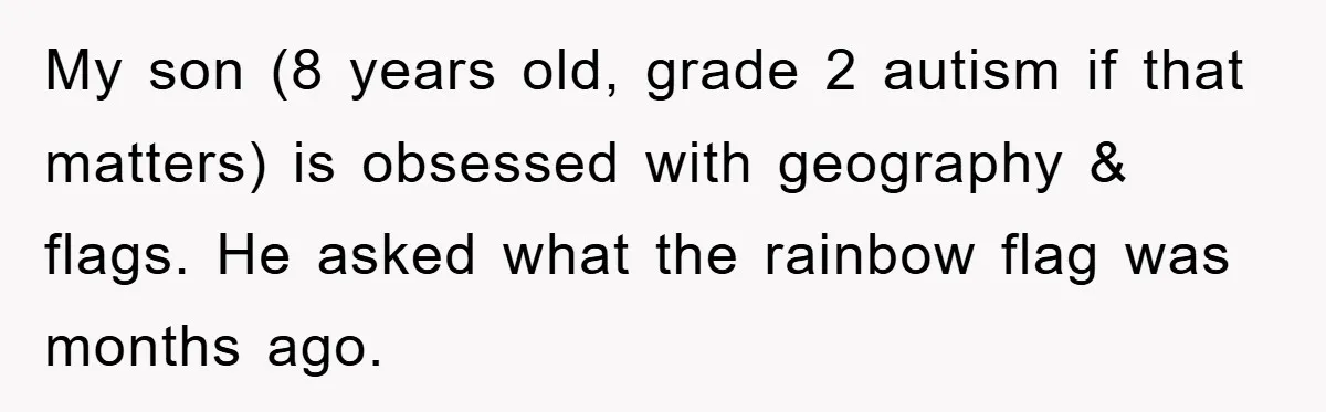 My son (8 years old, grade 2 autism if that matters) is obsessed with geography & flags. He asked what the rainbow flag was months ago.