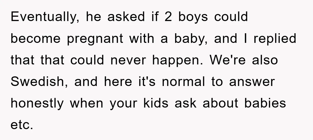 Eventually, he asked if 2 boys could become pregnant with a baby, and I replied that that could never happen. We're also Swedish, and here it's normal to answer honestly...