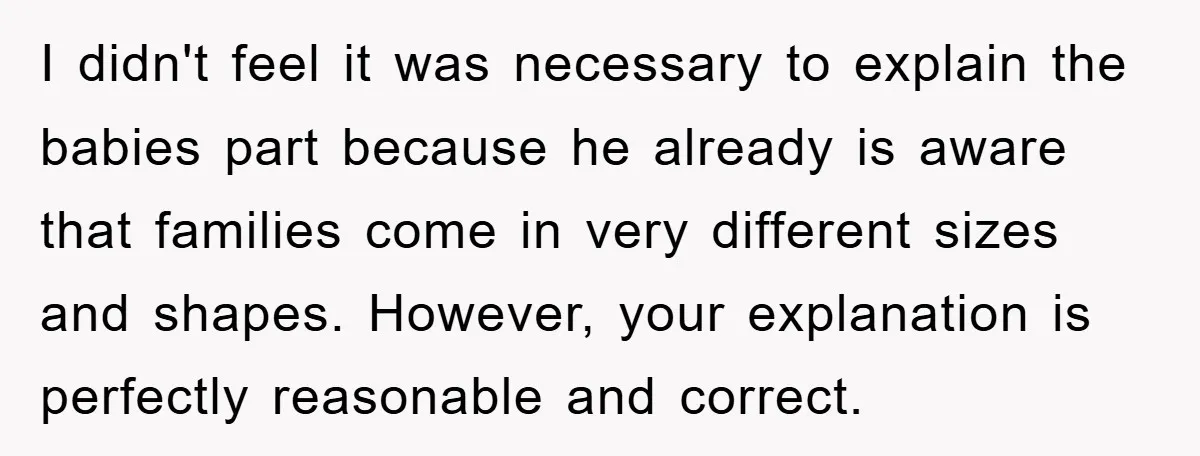 I didn't feel it was necessary to explain the babies part because he already is aware that families come in very different sizes and shapes. However, your explanation is perfectly...