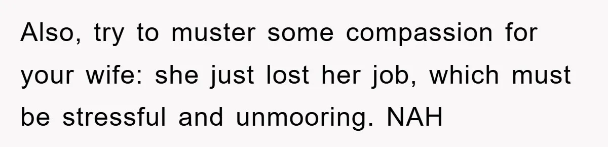 Also, try to muster some compassion for your wife: she just lost her job, which must be stressful and unmooring. NAH