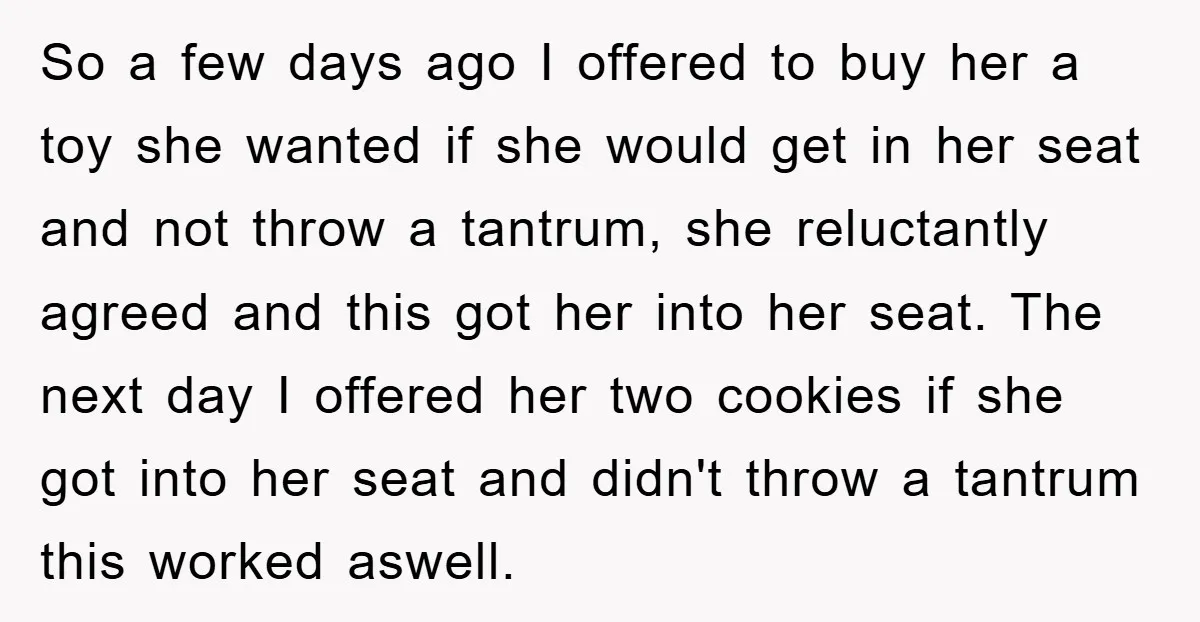 So a few days ago I offered to buy her a toy she wanted if she would get in her seat and not throw a tantrum, she reluctantly agreed and...