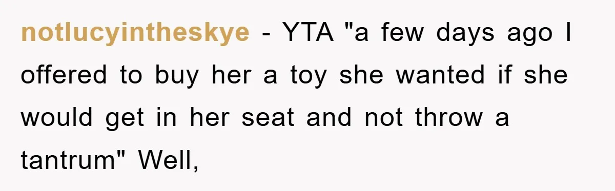 notlucyintheskye − YTA "a few days ago I offered to buy her a toy she wanted if she would get in her seat and not throw a tantrum" Well,