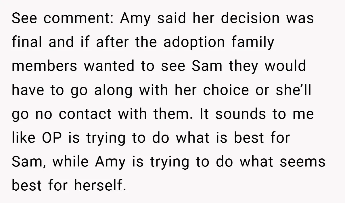 See comment: Amy said her decision was final and if after the adoption family members wanted to see Sam they would have to go along with her choice or she’ll...