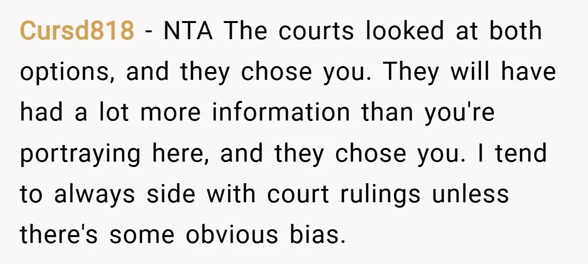 Cursd818 − NTA The courts looked at both options, and they chose you. They will have had a lot more information than you're portraying here, and they chose you. I...