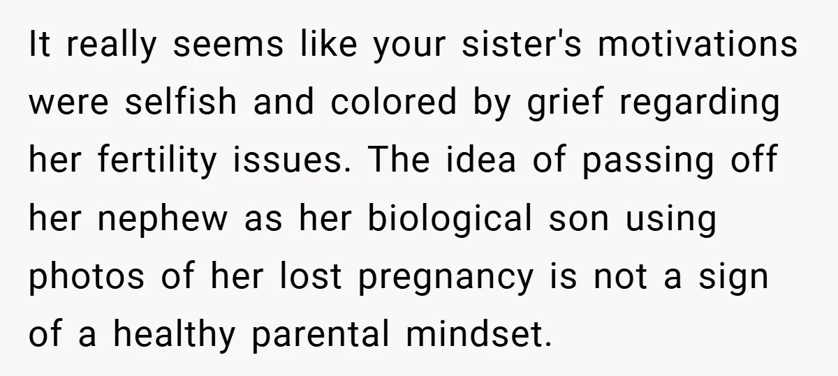 It really seems like your sister's motivations were selfish and colored by grief regarding her fertility issues. The idea of passing off her nephew as her biological son using photos...