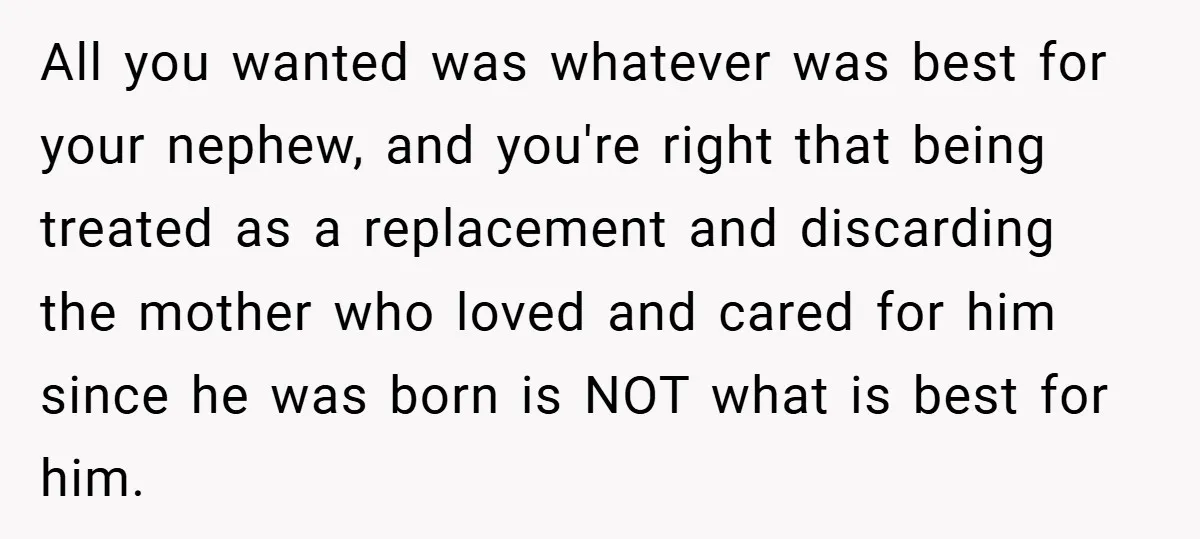 All you wanted was whatever was best for your nephew, and you're right that being treated as a replacement and discarding the mother who loved and cared for him since...