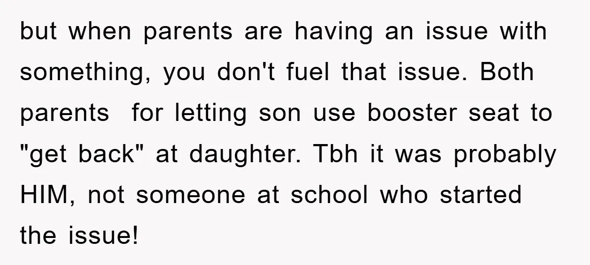 but when parents are having an issue with something, you don't fuel that issue. Both parents for letting son use booster seat to "get back" at daughter. Tbh it was...