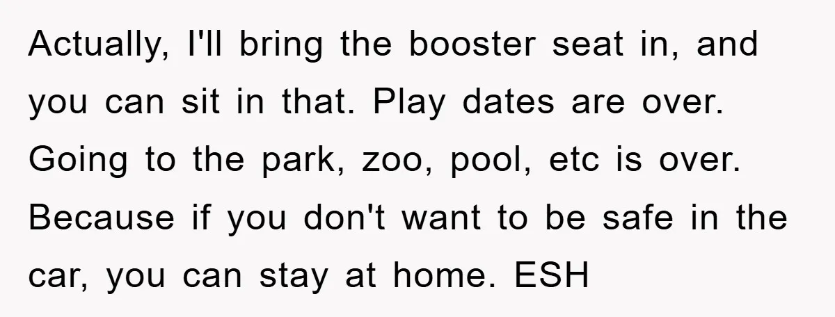 Actually, I'll bring the booster seat in, and you can sit in that. Play dates are over. Going to the park, zoo, pool, etc is over. Because if you don't...
