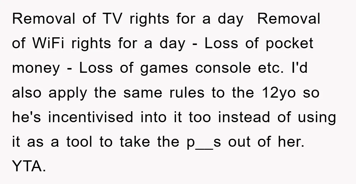 Removal of TV rights for a day Removal of WiFi rights for a day - Loss of pocket money - Loss of games console etc. I'd also apply the same...