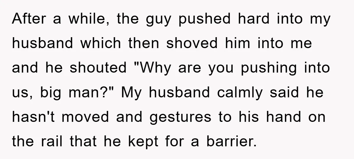 After a while, the guy pushed hard into my husband which then shoved him into me and he shouted "Why are you pushing into us, big man?" My husband calmly...