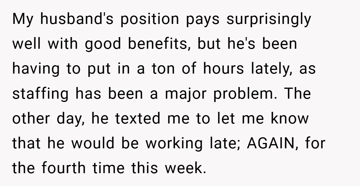 My husband's position pays surprisingly well with good benefits, but he's been having to put in a ton of hours lately, as staffing has been a major problem. The other...