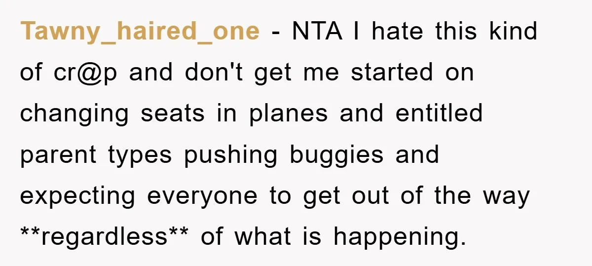 Tawny_haired_one − NTA I hate this kind of cr@p and don't get me started on changing seats in planes and entitled parent types pushing buggies and expecting everyone to get...