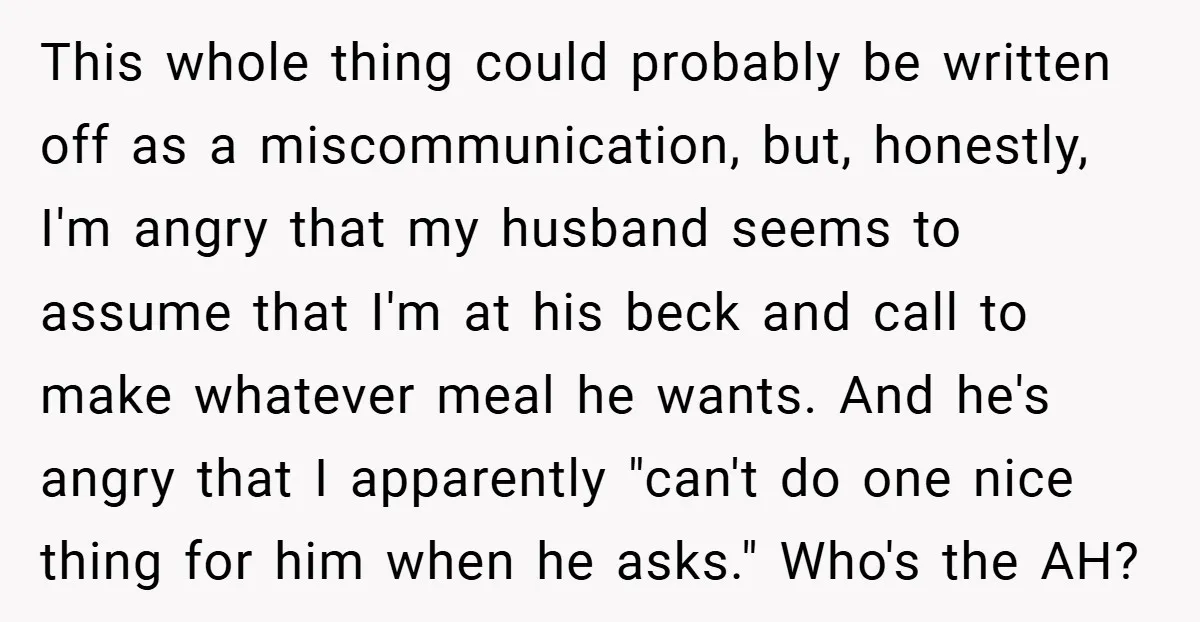 This whole thing could probably be written off as a miscommunication, but, honestly, I'm angry that my husband seems to assume that I'm at his beck and call to make...