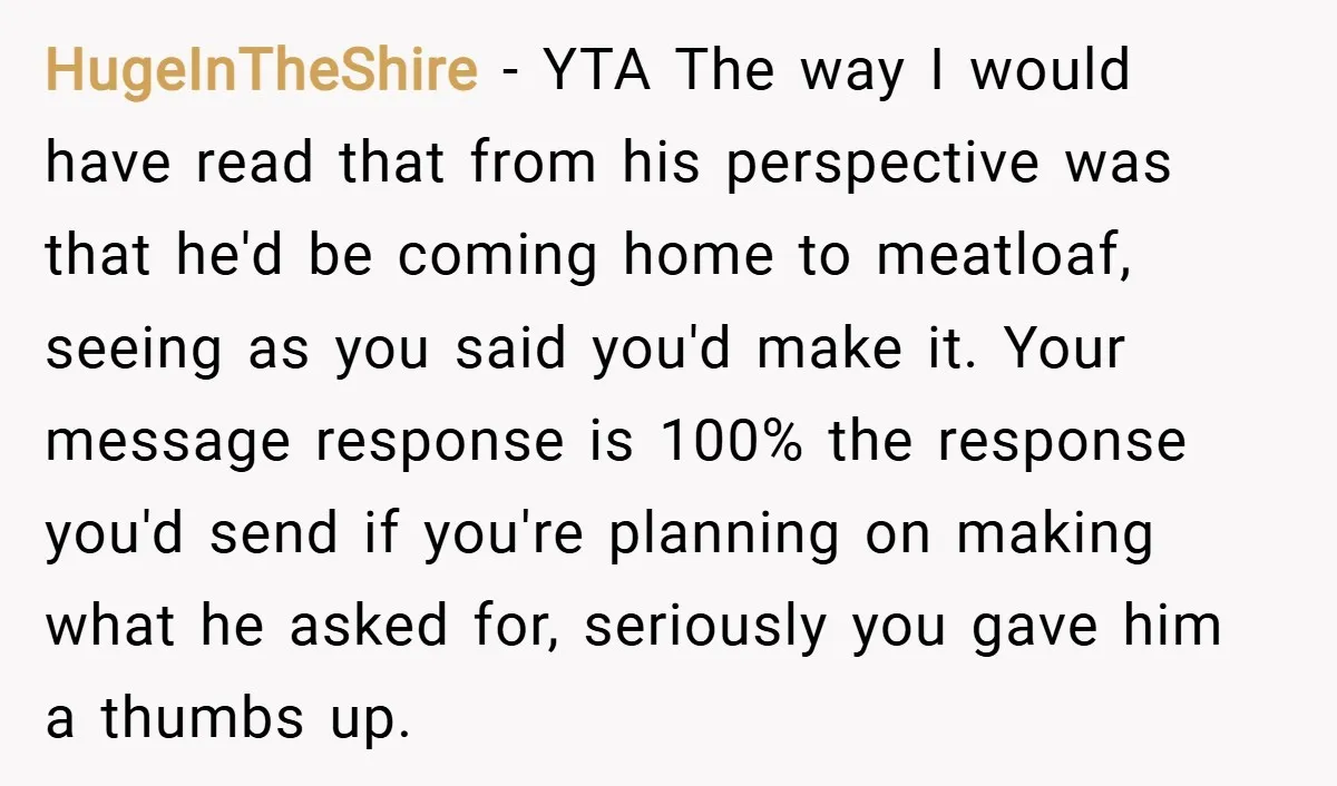 HugeInTheShire − YTA The way I would have read that from his perspective was that he'd be coming home to meatloaf, seeing as you said you'd make it. Your message...