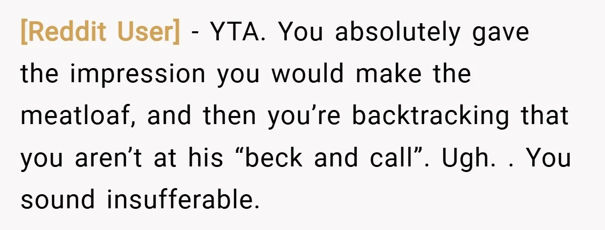 [Reddit User] − YTA. You absolutely gave the impression you would make the meatloaf, and then you’re backtracking that you aren’t at his “beck and call”. Ugh. . You sound...