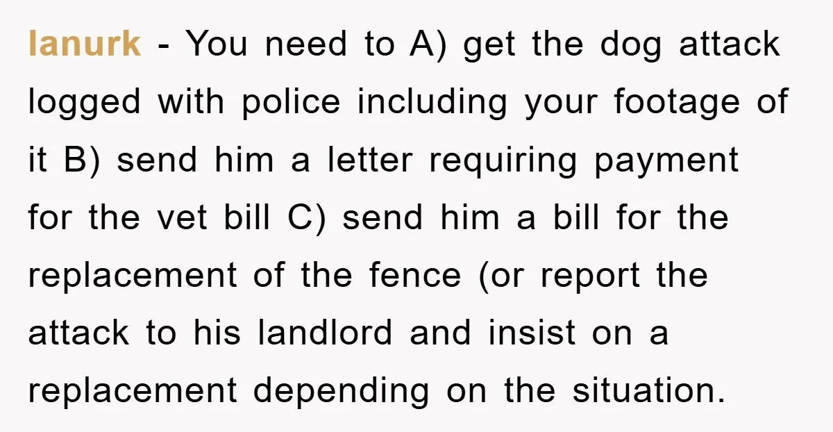 lanurk − You need to A) get the dog attack logged with police including your footage of it B) send him a letter requiring payment for the vet bill C)...