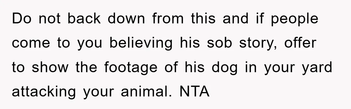 Do not back down from this and if people come to you believing his sob story, offer to show the footage of his dog in your yard attacking your animal....