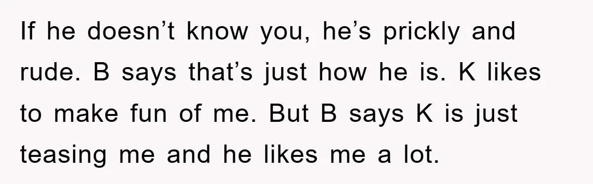 If he doesn’t know you, he’s prickly and rude. B says that’s just how he is. K likes to make fun of me. But B says K is just teasing...
