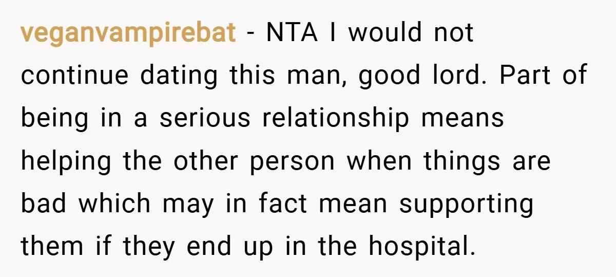 veganvampirebat − NTA I would not continue dating this man, good lord. Part of being in a serious relationship means helping the other person when things are bad which may...