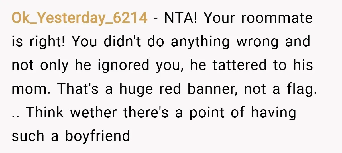 Ok_Yesterday_6214 − NTA! Your roommate is right! You didn't do anything wrong and not only he ignored you, he tattered to his mom. That's a huge red banner, not a...