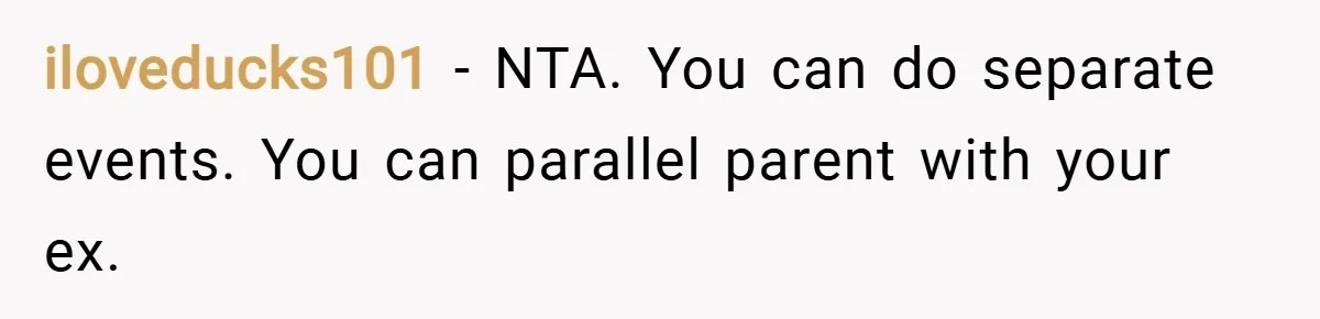 iloveducks101 − NTA. You can do separate events. You can parallel parent with your ex.