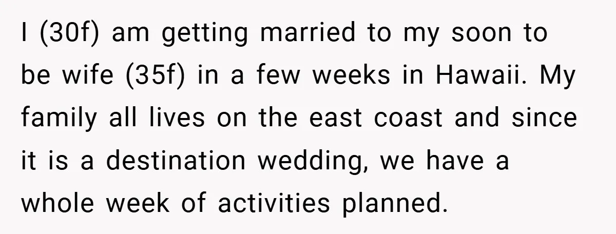 I (30f) am getting married to my soon to be wife (35f) in a few weeks in Hawaii. My family all lives on the east coast and since it is...
