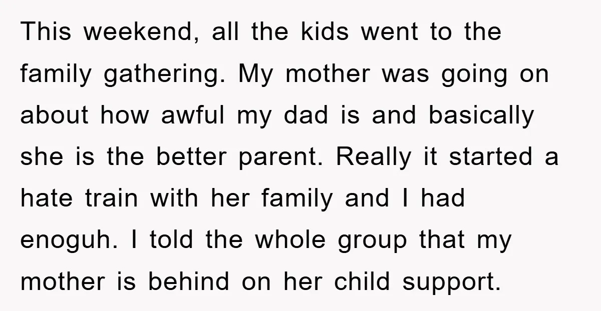 This weekend, all the kids went to the family gathering. My mother was going on about how awful my dad is and basically she is the better parent. Really it...