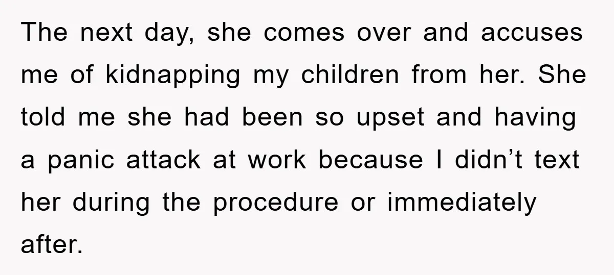 The next day, she comes over and accuses me of kidnapping my children from her. She told me she had been so upset and having a panic attack at work...