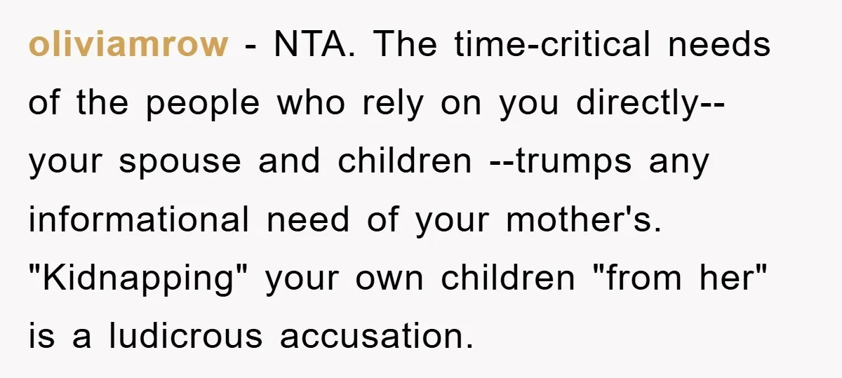 oliviamrow − NTA. The time-critical needs of the people who rely on you directly-- your spouse and children --trumps any informational need of your mother's. "Kidnapping" your own children "from...