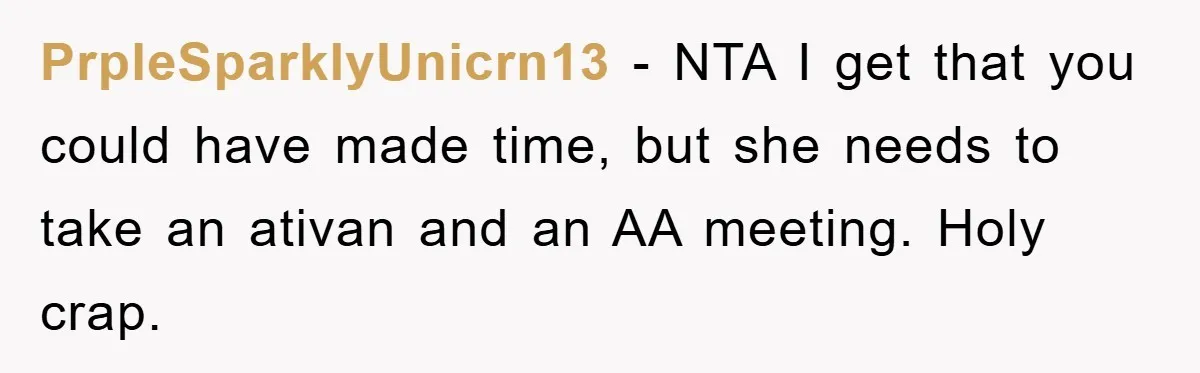 PrpleSparklyUnicrn13 − NTA I get that you could have made time, but she needs to take an ativan and an AA meeting. Holy crap.