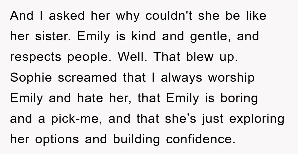 And I asked her why couldn't she be like her sister. Emily is kind and gentle, and respects people. Well. That blew up. Sophie screamed that I always worship Emily...
