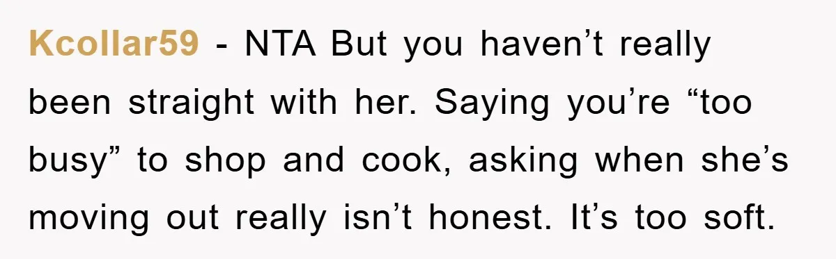 Kcollar59 − NTA But you haven’t really been straight with her. Saying you’re “too busy” to shop and cook, asking when she’s moving out really isn’t honest. It’s too soft.