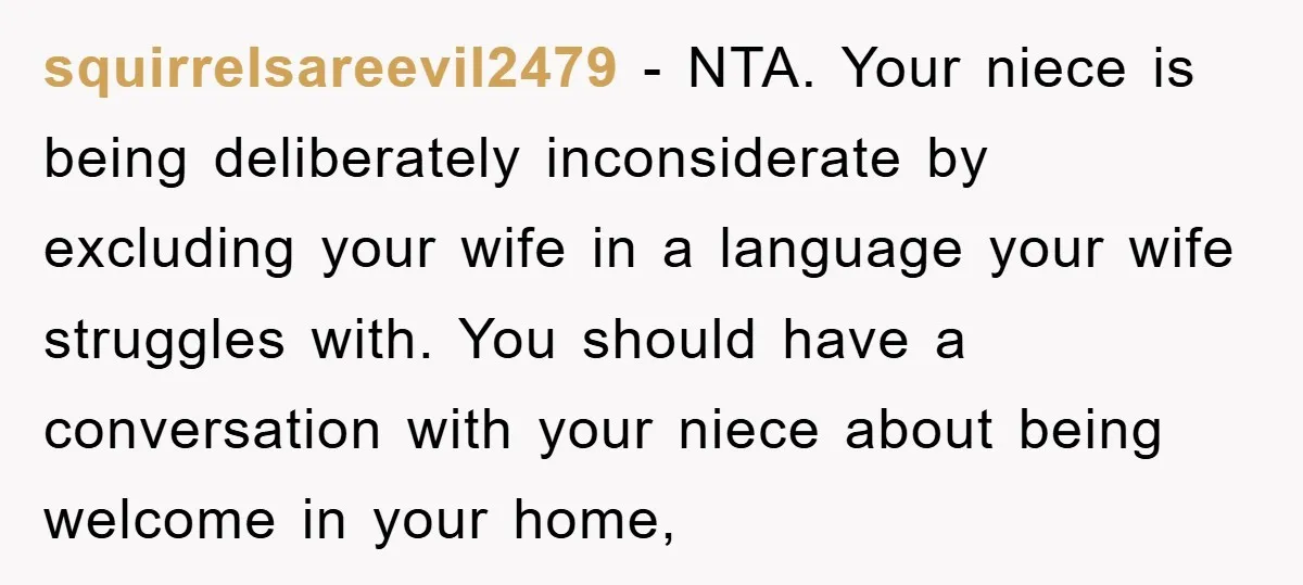 squirrelsareevil2479 − NTA. Your niece is being deliberately inconsiderate by excluding your wife in a language your wife struggles with. You should have a conversation with your niece about being...