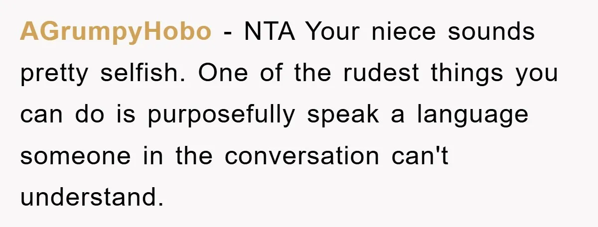 AGrumpyHobo − NTA Your niece sounds pretty selfish. One of the rudest things you can do is purposefully speak a language someone in the conversation can't understand.