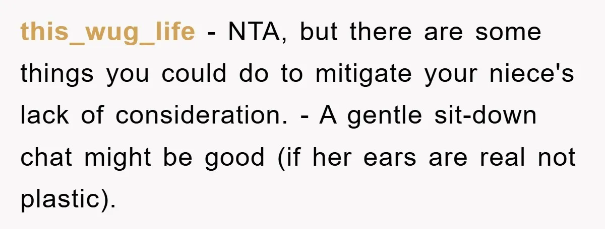 this_wug_life − NTA, but there are some things you could do to mitigate your niece's lack of consideration. - A gentle sit-down chat might be good (if her ears are...