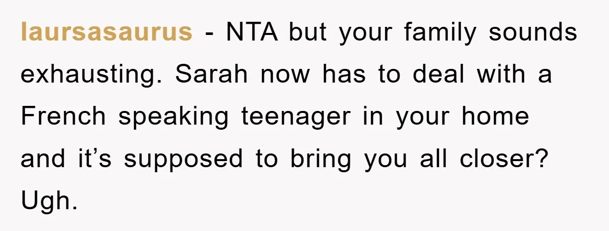 laursasaurus − NTA but your family sounds exhausting. Sarah now has to deal with a French speaking teenager in your home and it’s supposed to bring you all closer? Ugh.