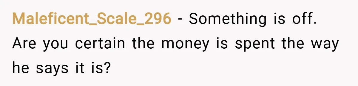 Maleficent_Scale_296 − Something is off. Are you certain the money is spent the way he says it is?