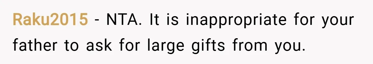 Raku2015 − NTA. It is inappropriate for your father to ask for large gifts from you.