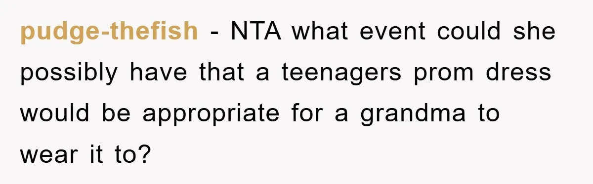 pudge-thefish − NTA what event could she possibly have that a teenagers prom dress would be appropriate for a grandma to wear it to?