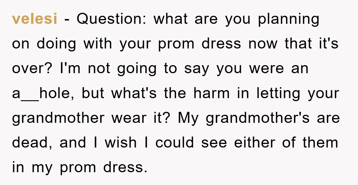 velesi − Question: what are you planning on doing with your prom dress now that it's over? I'm not going to say you were an a__hole, but what's the harm...