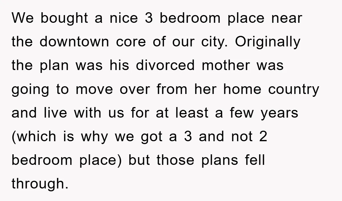 We bought a nice 3 bedroom place near the downtown core of our city. Originally the plan was his divorced mother was going to move over from her home country...