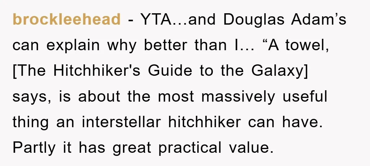 brockleehead − YTA…and Douglas Adam’s can explain why better than I… “A towel, [The Hitchhiker's Guide to the Galaxy] says, is about the most massively useful thing an interstellar hitchhiker...