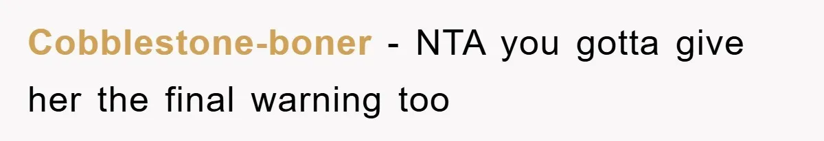 Cobblestone-boner − NTA you gotta give her the final warning too